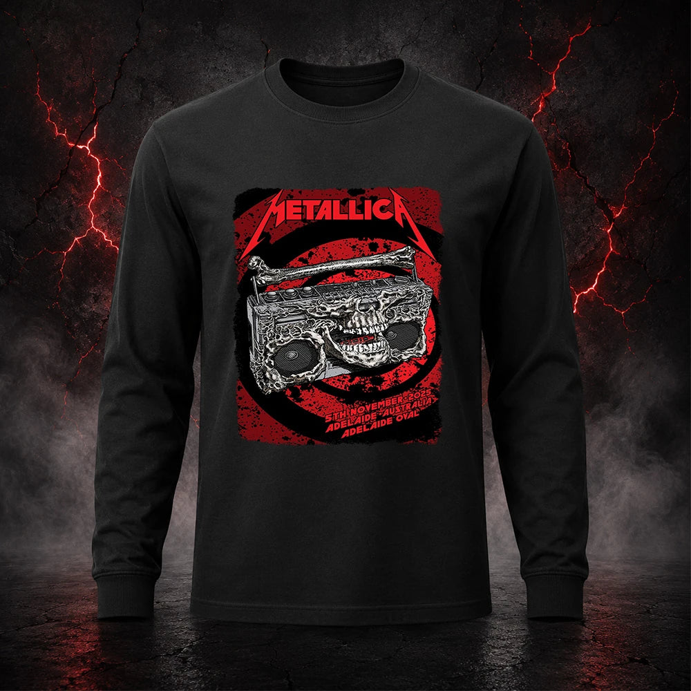 Metallica M72 World Tour November 5 2025 Adelaide Oval Adelaide Australia T-shirt by Glenn Smith featuring a skeletal boombox with skull details, bone handle, red black splatter background and Adelaide event text.